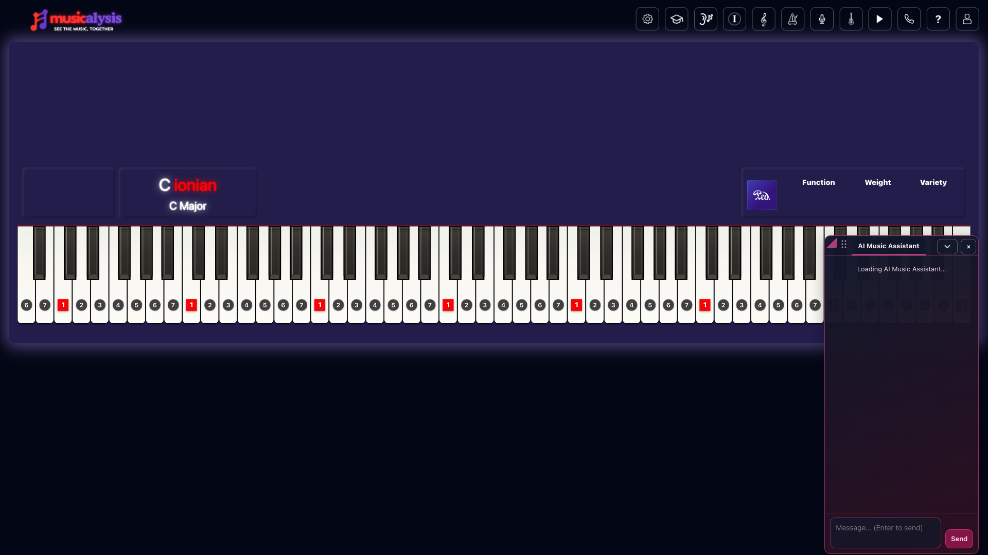 AI Music Assistant chat dock open over the piano workspace