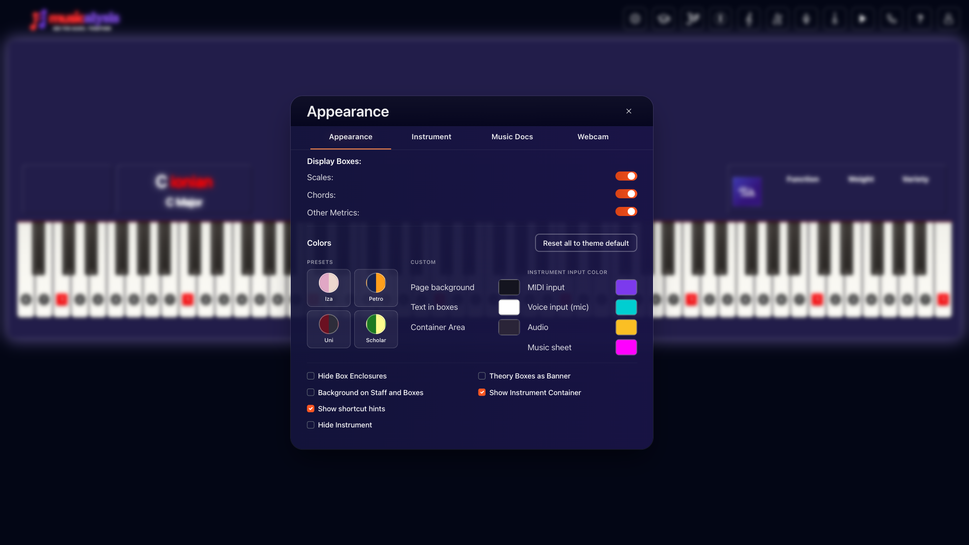 Appearance settings showing Instrument input color pickers for MIDI, mic, audio, and music sheet