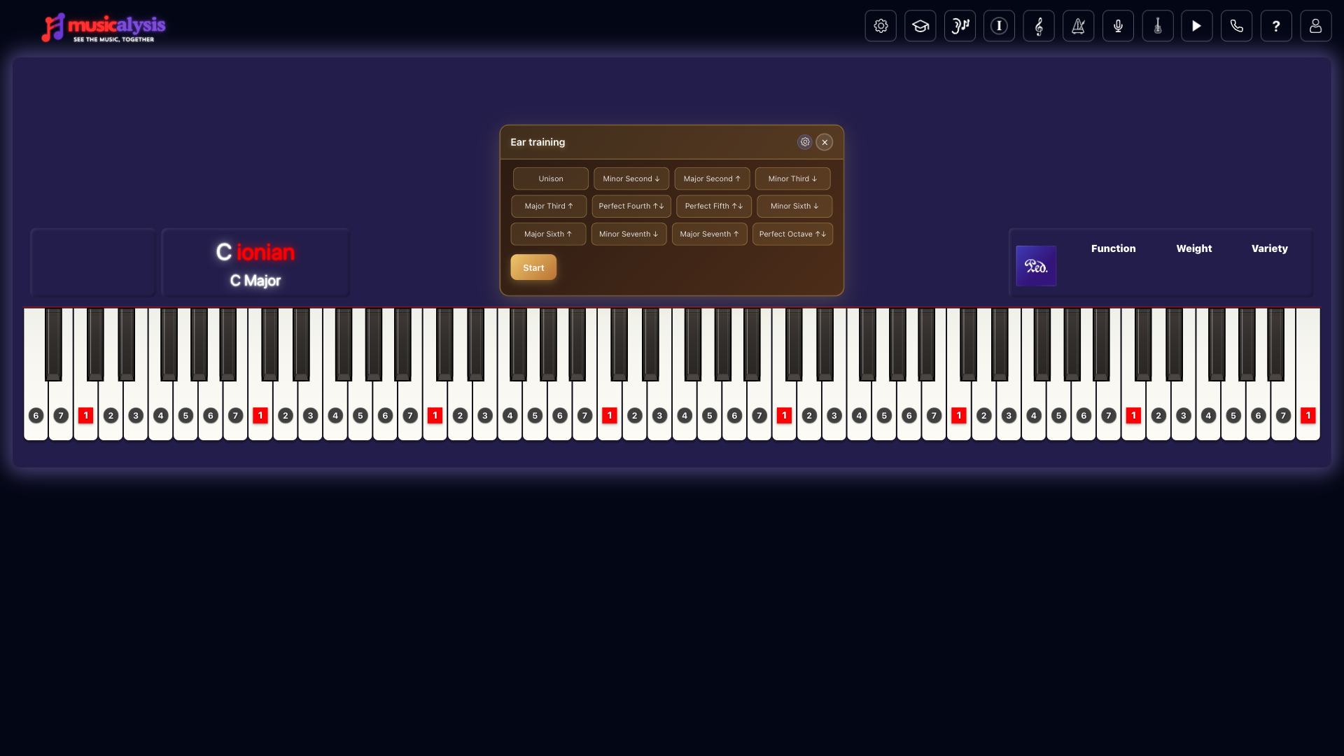 Ear training game with interval choices and Start button