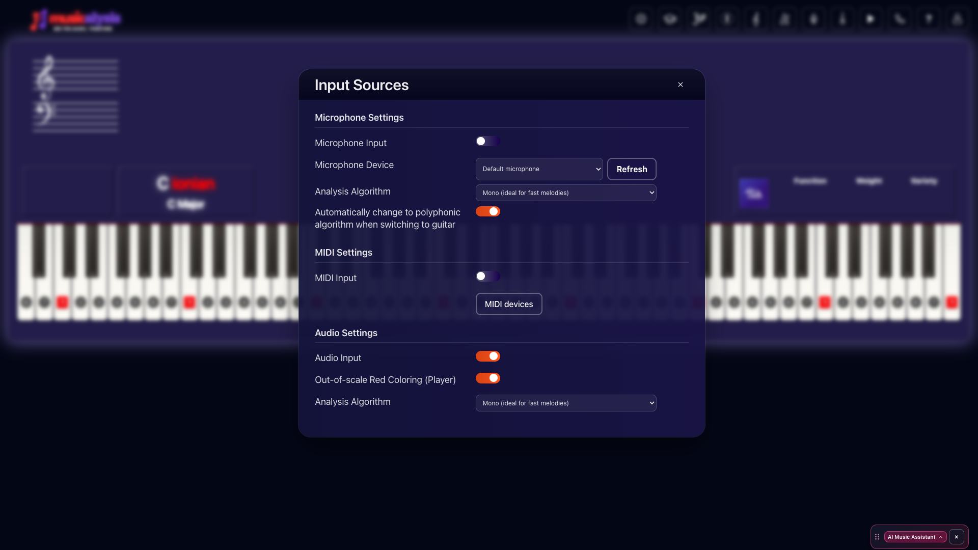 Input Sources settings with microphone, MIDI, and audio toggles