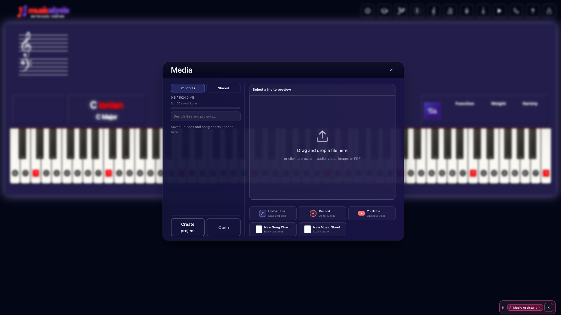 Media library with upload, record, YouTube, Song Chart, and Music Sheet options