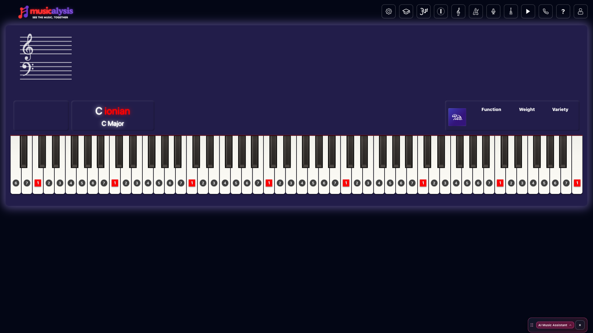 Current Musicalysis workspace with staff, scale readout, piano, and toolbar