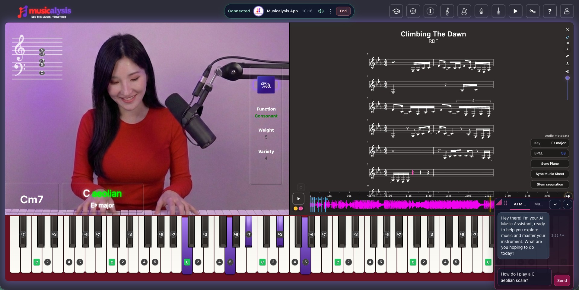 Musicalysis app — live Connect session with real-time piano visualization, synced music sheet, and AI Music Assistant