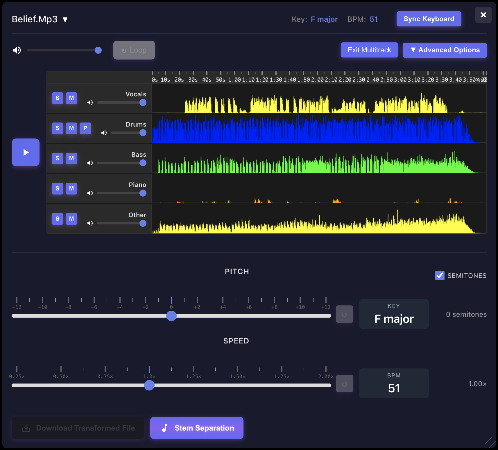 Media player and stem separation in Musicalysis